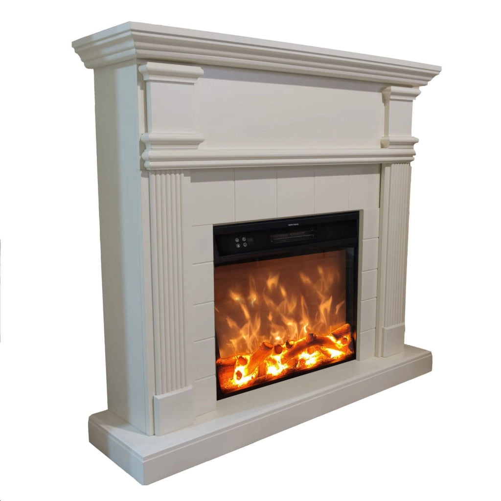 Caminetto Fuego Omar Blanco 1500w a Parete Con Cornice Telecomando e Bruciatore Bianco Crema