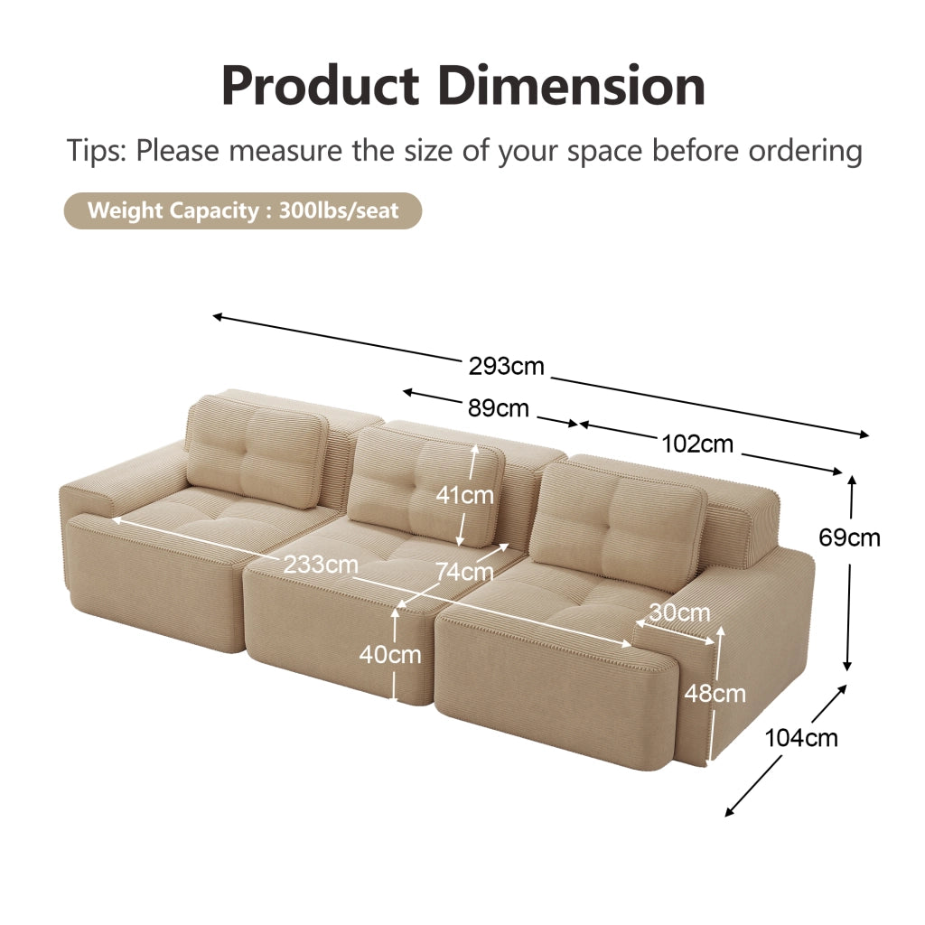 Divano modulare 3 posti; seduta profonda 74 cm; base antiscivolo; in velluto a coste beige