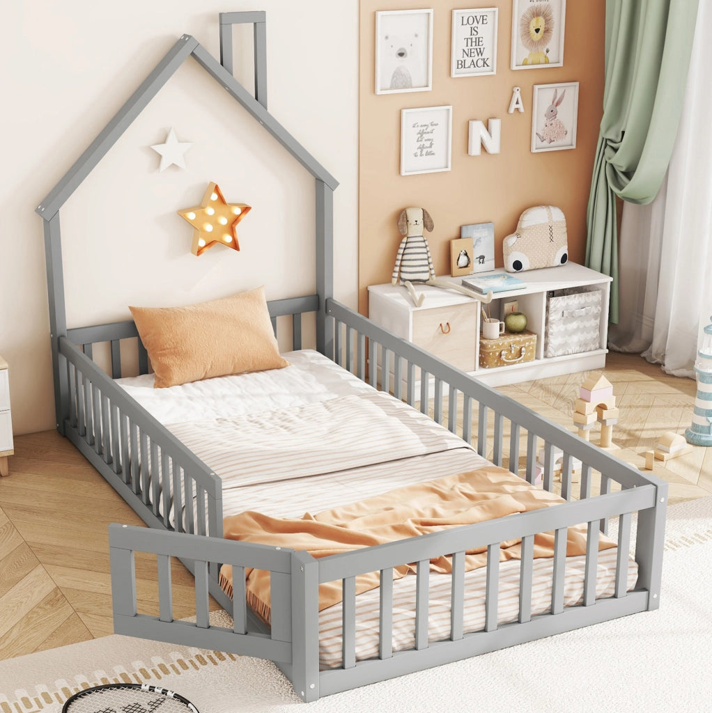 Letto a casetta per bambini 90x200 cm con rete a doghe grigio