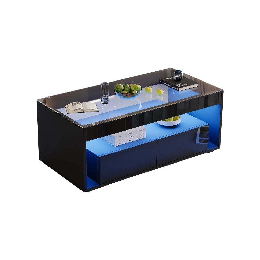 Tavolino da caffè 100x50x40 cm; con LED e 2 cassetti; piano in vetro temperato; truciolare; nero