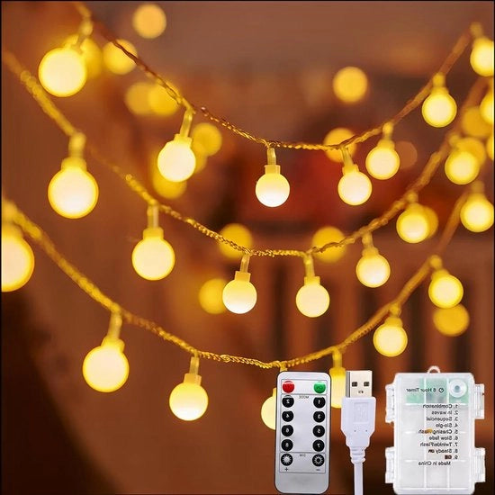 Illuminazione a Sfera 12M + 1M 100 Led filo di luce - Illuminazione decorativa - 8 modi di oscillazione - Oscillatore per interni - Batterie guidate - Illuminazione USB - Funzione orologio - Illuminazione all'aperto per giardini e interni
