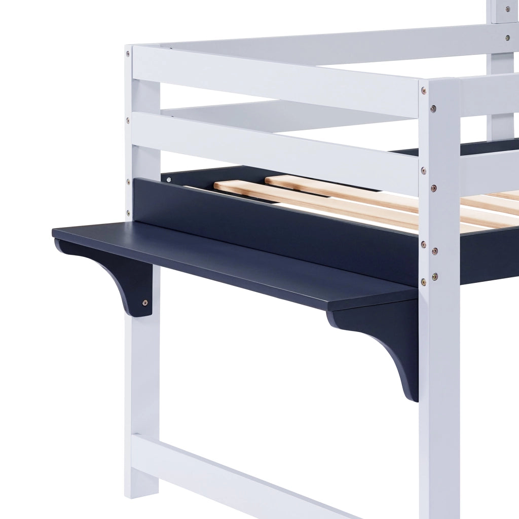 OKWISH Letto a Soppalco 90×200 cm, Letto Singolo con Cassetto con Ruote, Scala Inclinata e Tetto, senza Materasso, Bianco e Blu Scuro