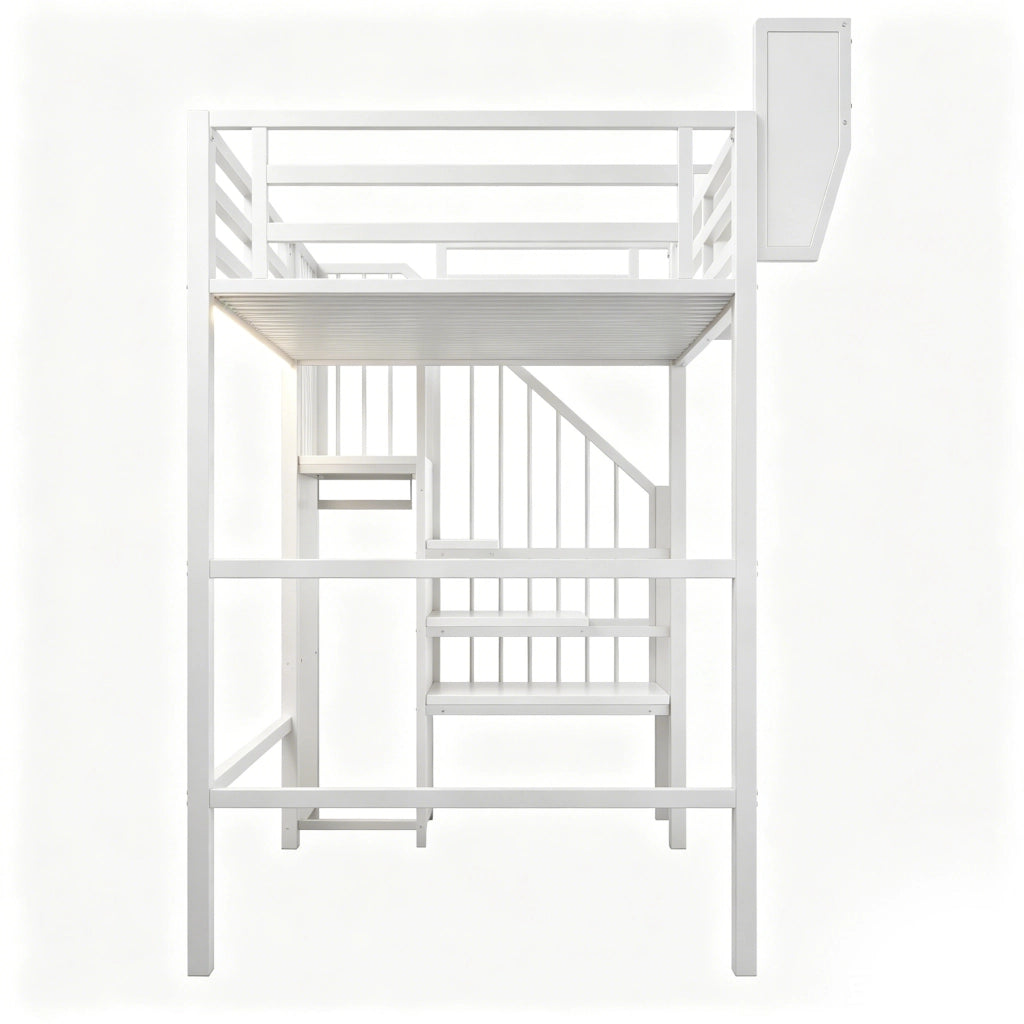 Letto a soppalco 90 × 200 cm con LED, scala di sicurezza e ripiani regolabili, senza materasso, in metallo bianco