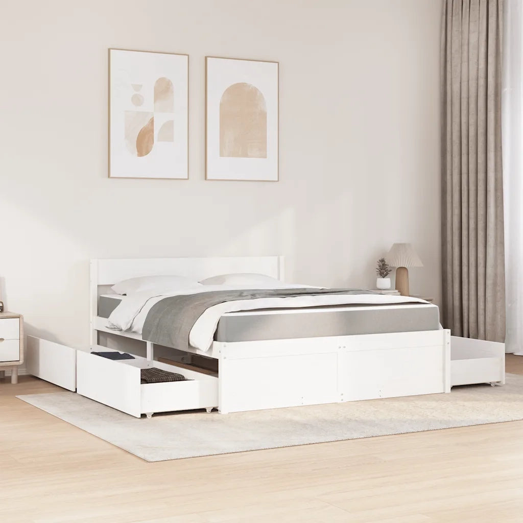 Letto Cassetti e Materasso Bianco 140x200cm Legno Massello Pino