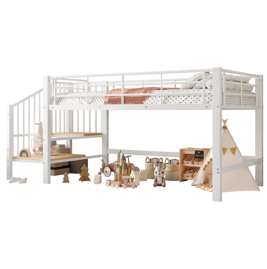 Letto a soppalco basso 90x200 cm con scala contenitore, bianco