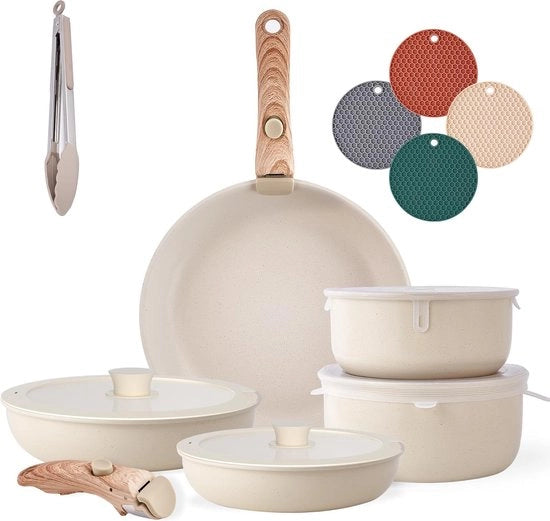 Set di pentole in acciaio inossidabile beige 11 pezzi - Set di pentole in acciaio inossidabile - Pannello elettrico - Pannello elettrico - Maniglie rimovibili - Superficie antiaderente