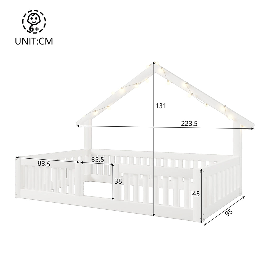 Letto Casetta 90x200 cm per Bambini; con Sponda di Sicurezza e LED; in Legno; Bianco