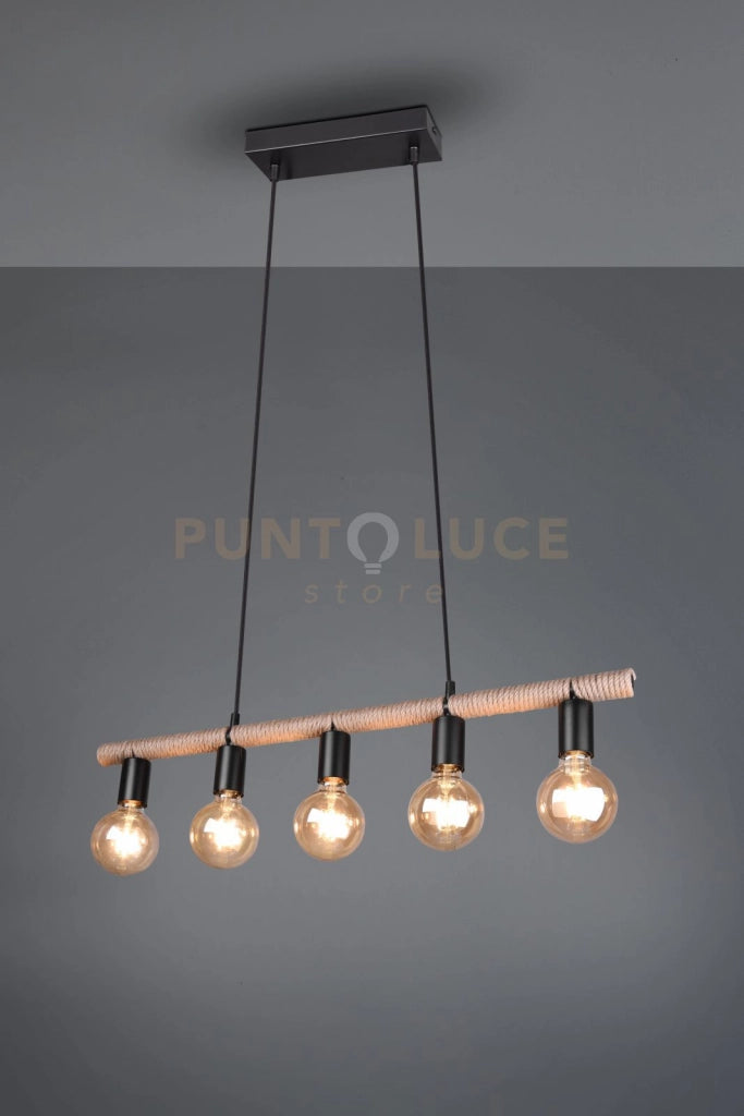 EINAR SOSPENSIONE BARRA METALLO RIVESTITA CON CORDA 5 LUCI ATTACCO E27 L. 80CM