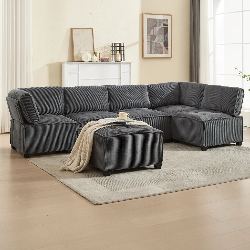 DIVANO Modulare 6 posti 308x154x81,99 cm in tessuto a coste grigio
