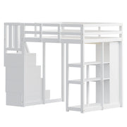 Letto a soppalco 90×200 cm e 140×200 cm con 4 cassetti; ripiani e scala; senza materasso; legno; bianco