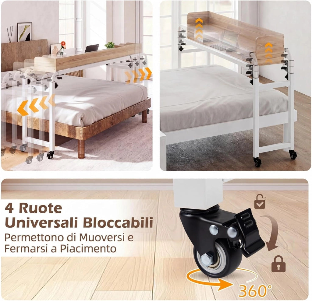 Scrivania da Letto con Ruote, Tavolino da Letto Salvaspazio con Altezza e Lunghezza Regolabili, Telaio in Metallo, Scrivania Portatile per Camera da Letto, Soggiorno e Ospedale (Naturale)