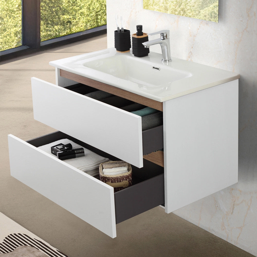 Mobile bagno sospeso 80 cm bianco e rovere con cassetti soft-close Kleo