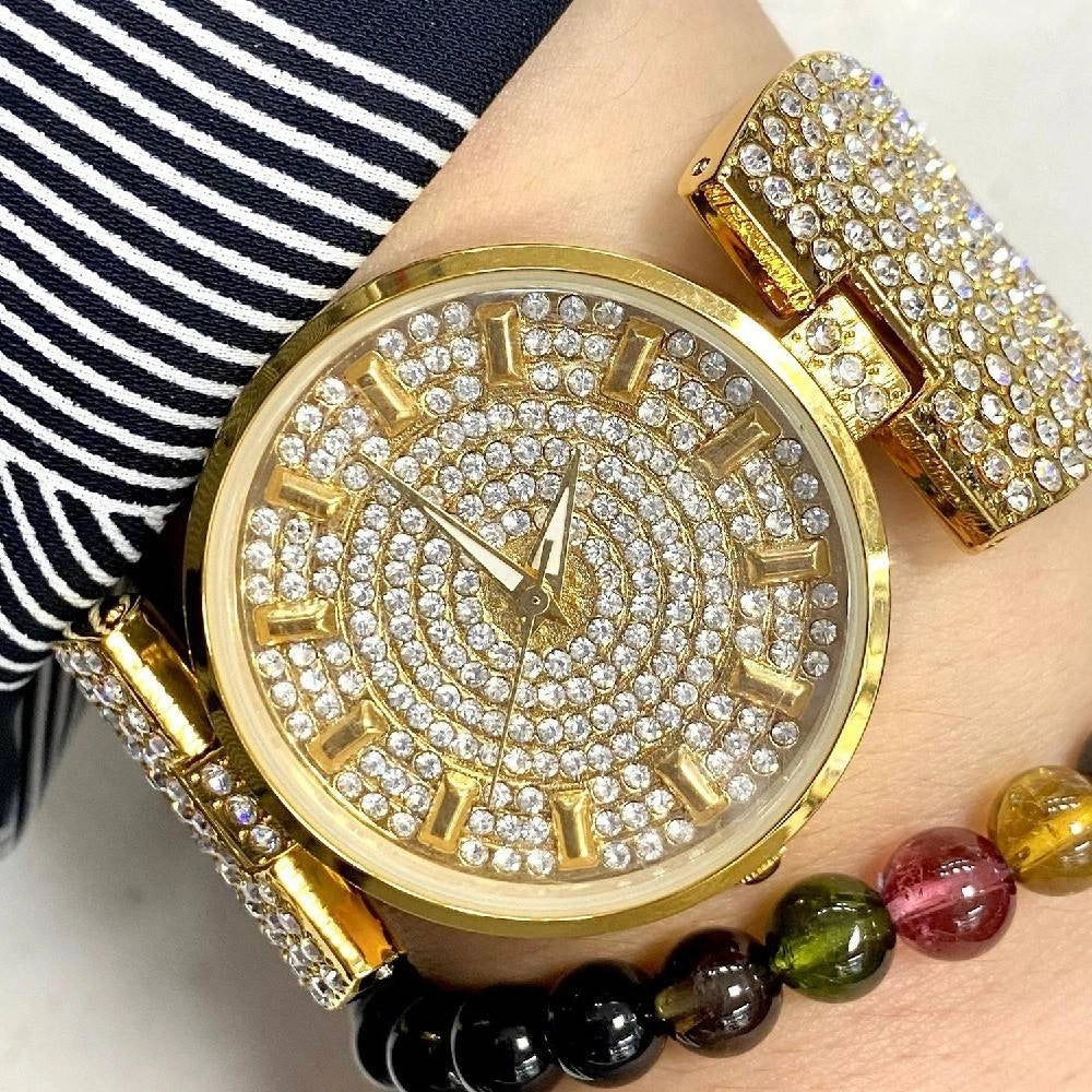 Trade Shop - Orologio Da Polso Donna Acciaio Analogico Moda Fashion Brillantini Strass Dorato -