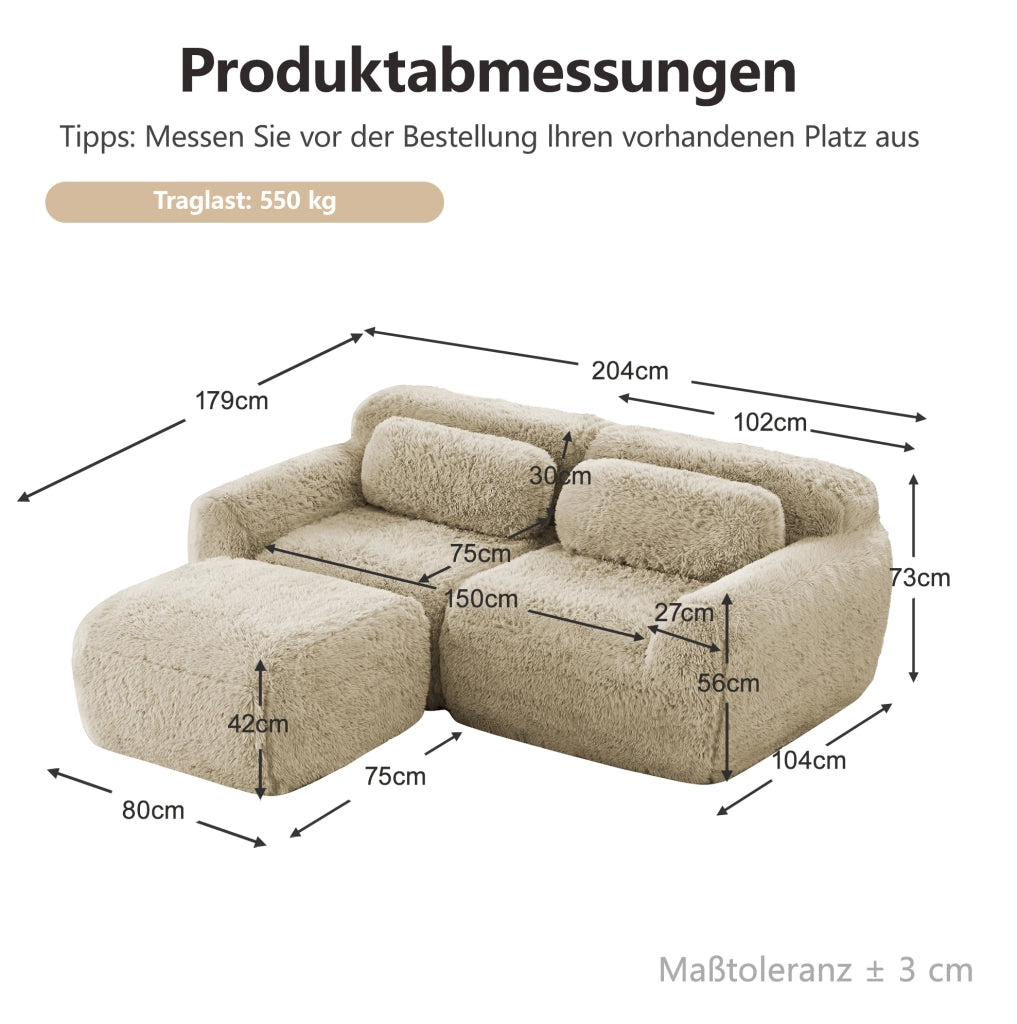 Divano angolare modulare 2 posti in tessuto peluche; 204x179x73 cm; Light Khaki