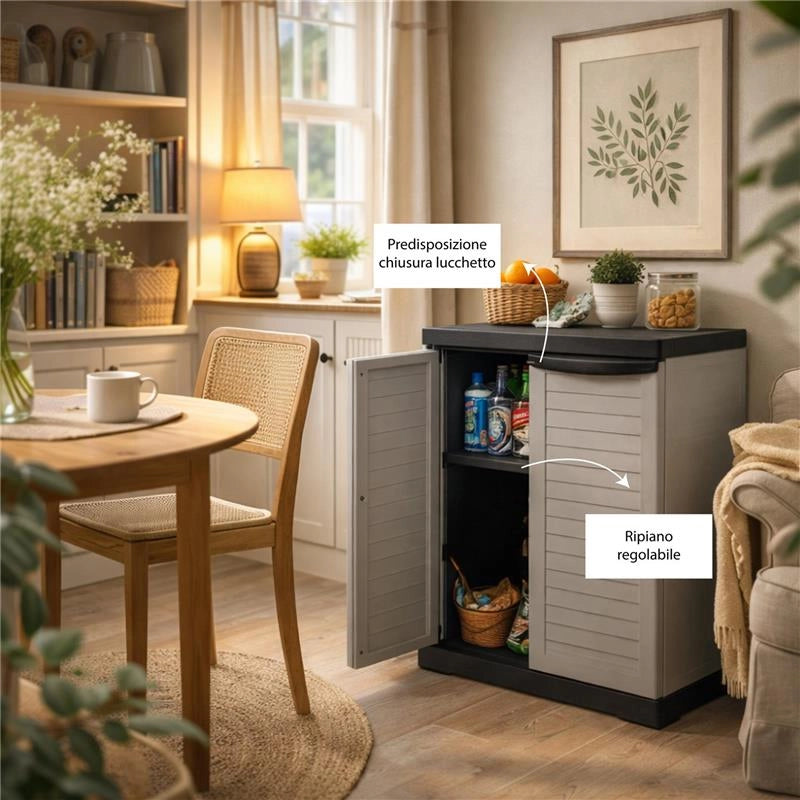 ARMADIO SLIM PERSIANA IN RESINA CON 1 RIPIANO REGOLABILE E PREDISPOSIZIONE LUCCHETTO - COLORE GRIGIO DIMENSIONE 65X45X91H CM