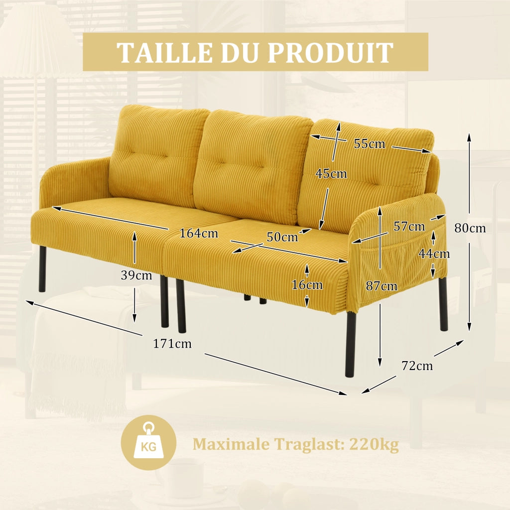 DIVANO 3 posti 171x72x80 cm in corda giallo con tasca laterale
