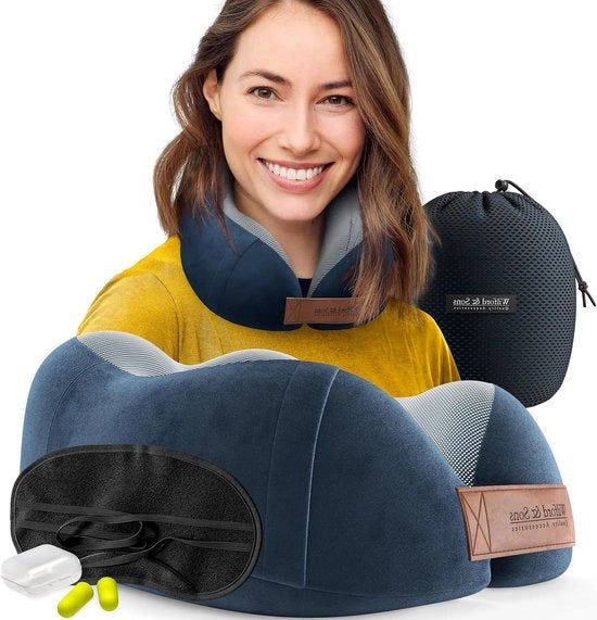Set di cuscini a schiuma di memoria - Kit di sonno con cuffie e tasca - Cuscino a forma di U a schiuma di memoria - Facile da pulire - Cuscino per viaggi - Uomo Donna