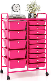 Carrello con 15 Cassetti Impilabili, Carrello di Stoccaggio con Ruote, Carello Portaoggetti per Casa e Ufficio, 63 x 37 x 87 cm (Rosa scuro)