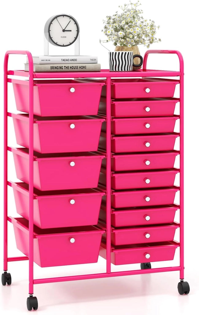 Carrello con 15 Cassetti Impilabili, Carrello di Stoccaggio con Ruote, Carello Portaoggetti per Casa e Ufficio, 63 x 37 x 87 cm (Rosa scuro)