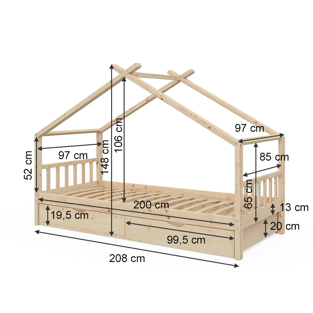 Vitalispa Letto montessori bambini Legno naturale 90x200 cm con 2 cassetti e materasso