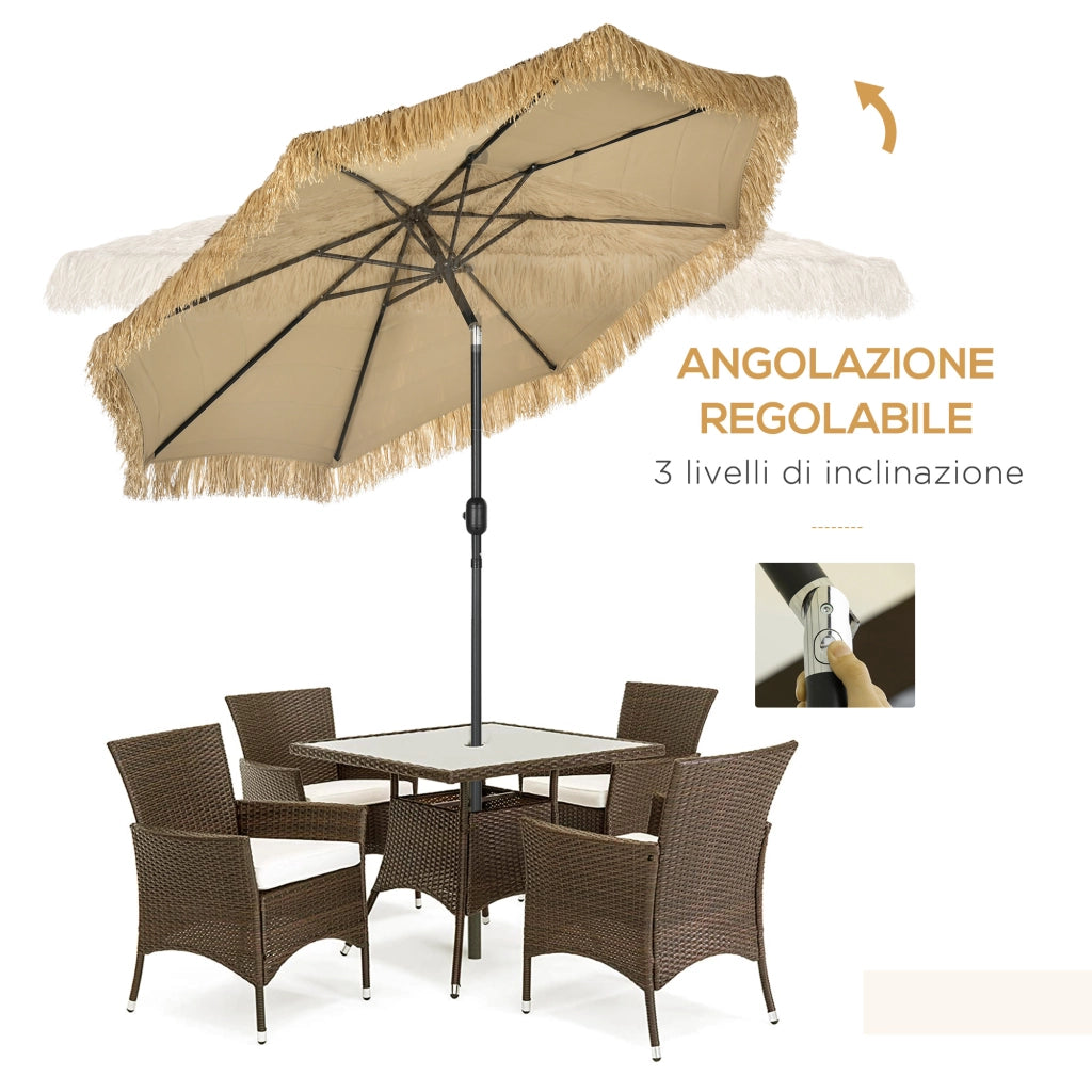 Ombrellone da Giardino Rotondo con Copertura in Paglia e Manovella, ?265x250cm, Cachi