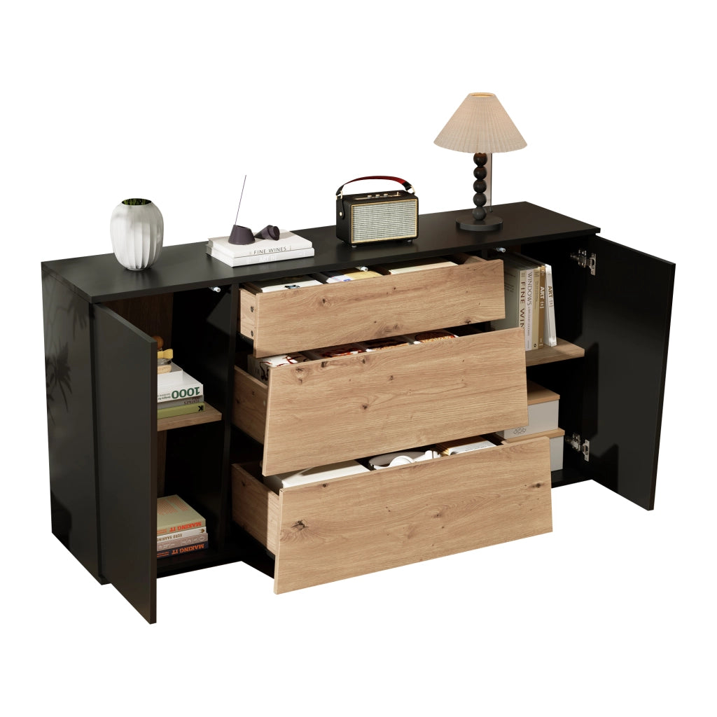 Credenza con 2 ante e 3 cassetti 140x35x70 cm in MDF; nero e effetto legno naturale