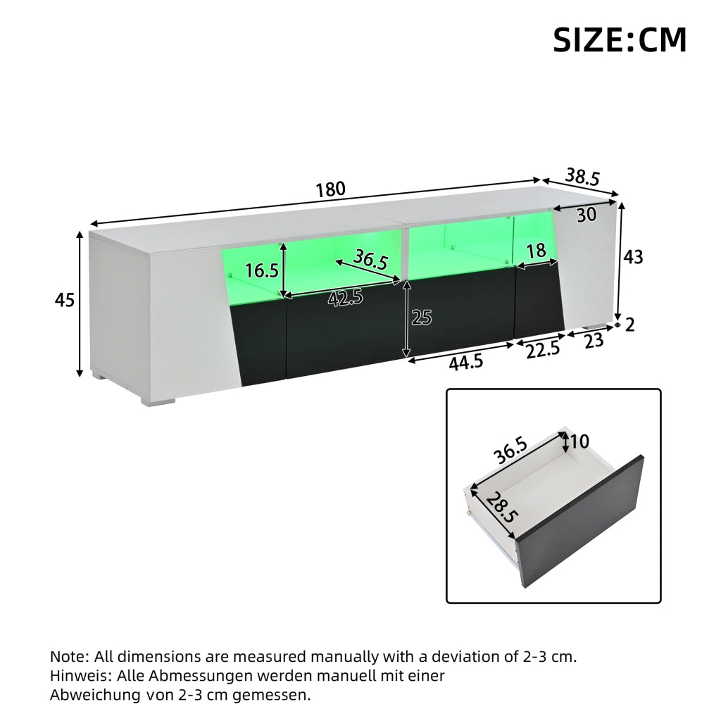 Mobile porta tv con led 2 ante 2 cassetti 4 vani aperti per soggiorno in mdf e vetro bianco e nero 180 × 38,5 × 45 cm