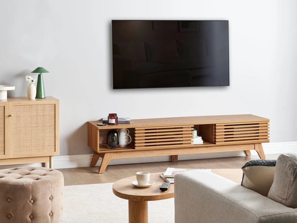Mobile TV in legno scuro con vano portaoggetti anteriore stile moderno contemporaneo