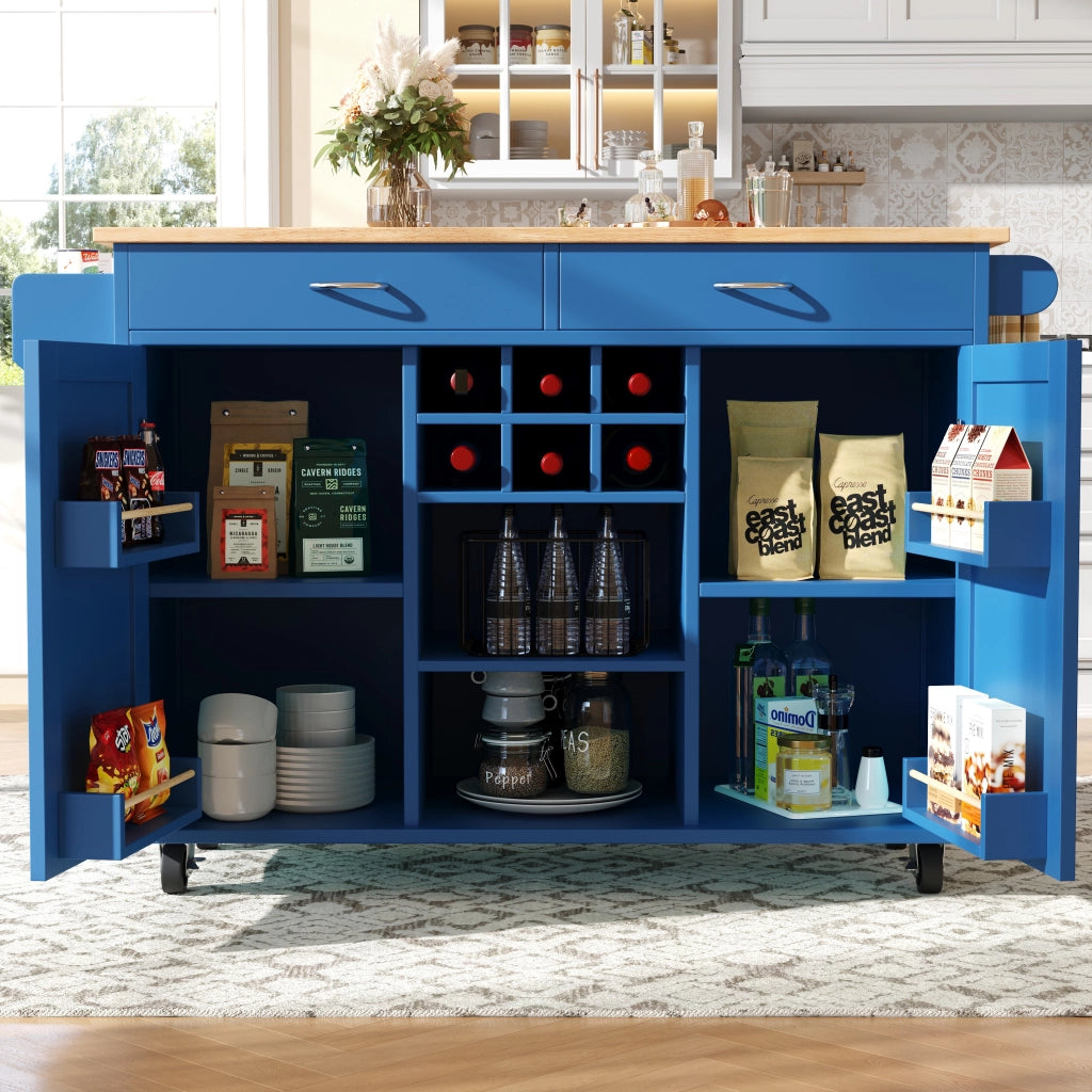 Carrello da Cucina con Ripiani Regolabili; Portabottiglie e Ruote con Freno; in MDF e Metallo; Blu; 102x45x92 cm