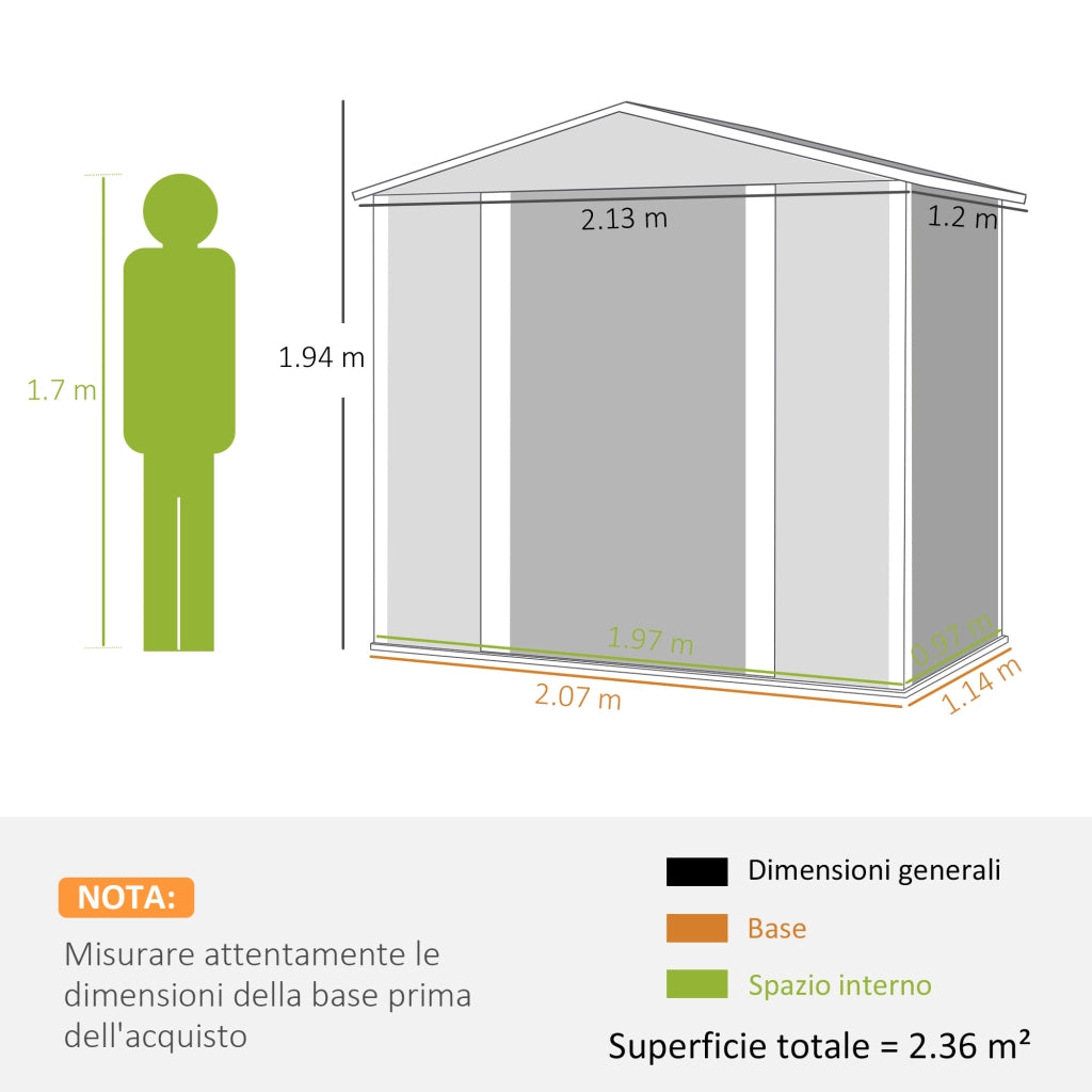 Casetta Box da Giardino Porta Attrezzi 213x120x166-194 cm con Porte Scorrevoli e Lucchetto con Chiavi in Metallo Grigio