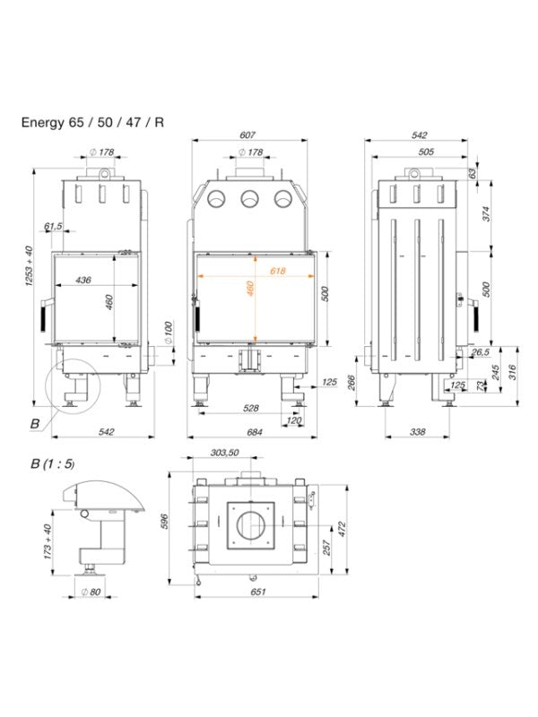Caminetto ad angolo Inserto Apertura destra Nero Energy 65x50x47 (14,5 kW) ECO