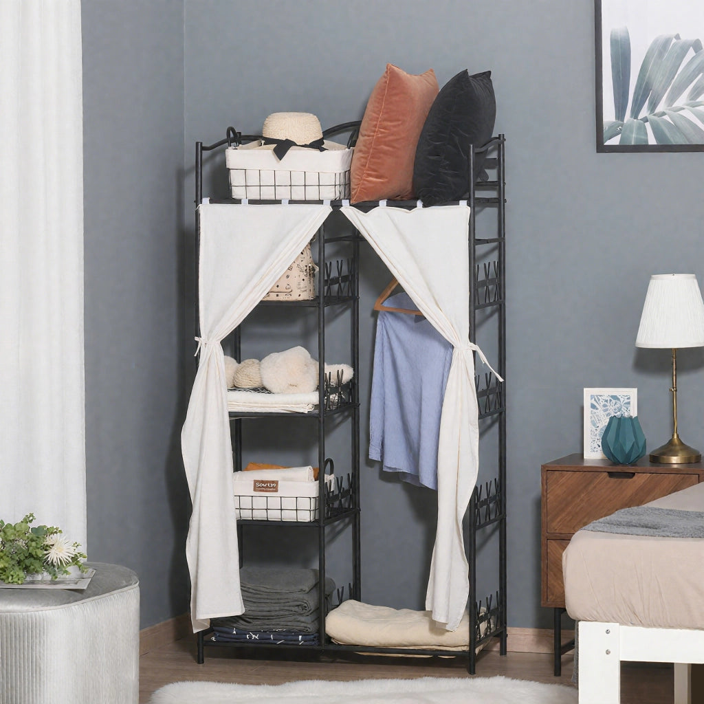 Armadio Guardaroba con Ripiani e Appendiabiti ¨C Zephmum ¨C Nero Bianco 84x42x159 cm