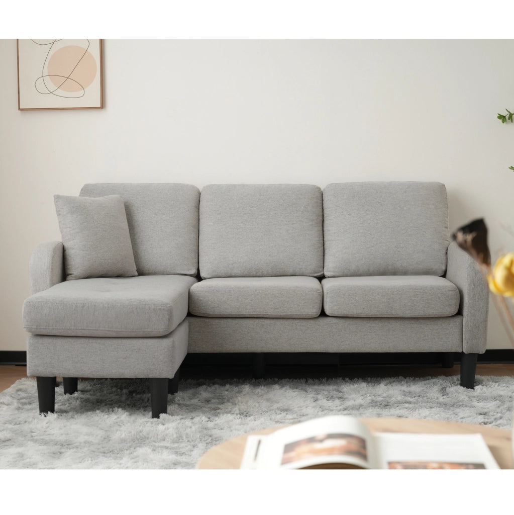 Divano angolare modulare con chaise longue 166x118x77 cm; tessuto effetto lino grigio