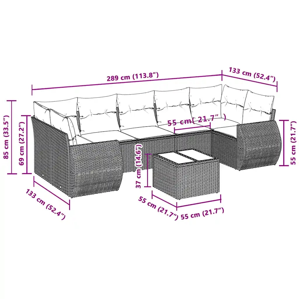 Set Divano da Giardino 8pz con Cuscini Grigio Chiaro Polyrattan
