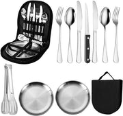 Set di servizio da campeggio per 2 persone - 10 pezzi - Acciaio inossidabile - Set di servizio da picnic con cucchiaio - forchetta - coltello - clip per tavola - Set di posate portatile per campeggio e all'aperto