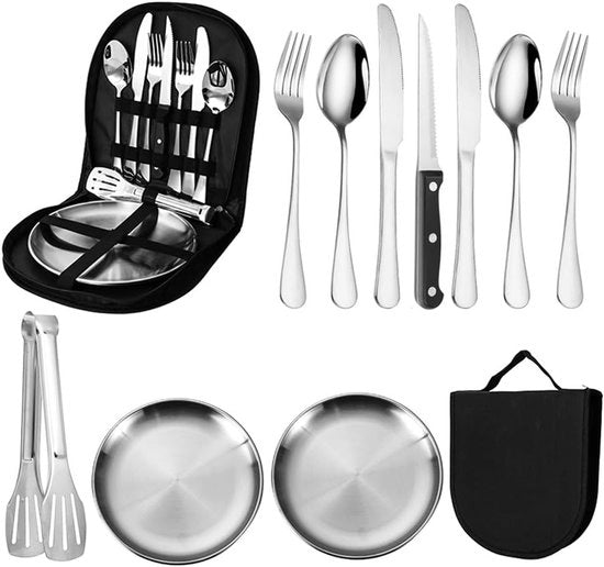 Set di servizio da campeggio per 2 persone - 10 pezzi - Acciaio inossidabile - Set di servizio da picnic con cucchiaio - forchetta - coltello - clip per tavola - Set di posate portatile per campeggio e all'aperto