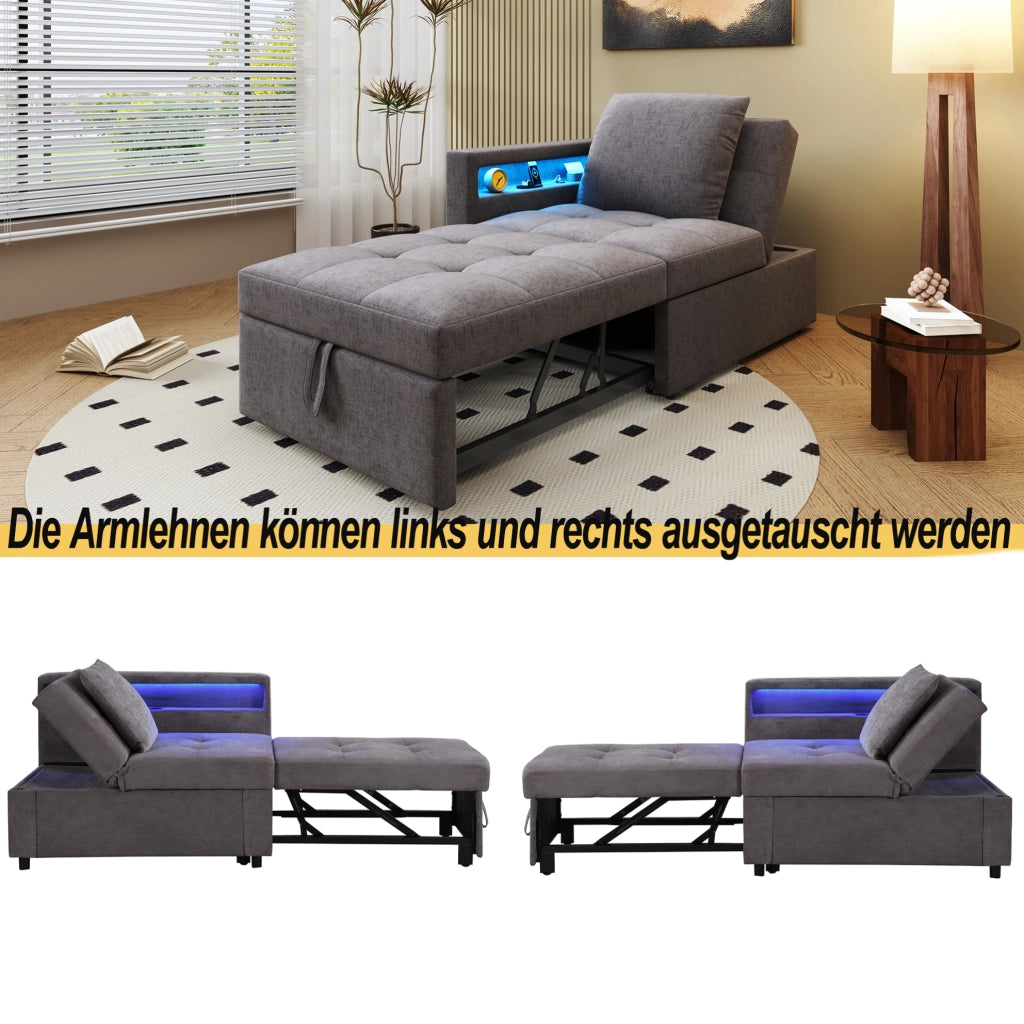 Divano letto 3 in 1 in lino grigio scuro con LED e USB