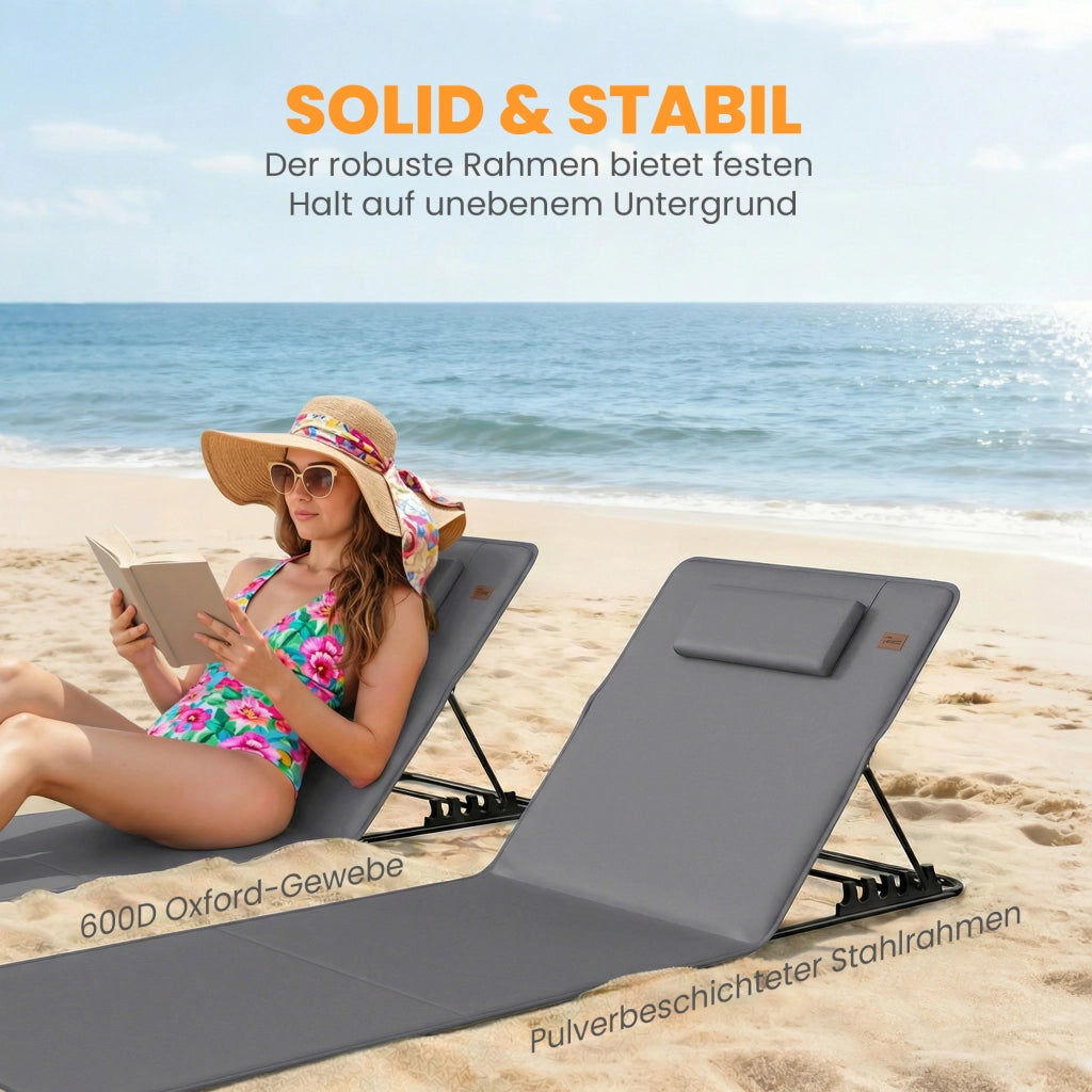 Set 2 Lettini da Spiaggia Pieghevoli con Schienale Regolabile e Cuscino ¨C Zephmum ¨C Grigio