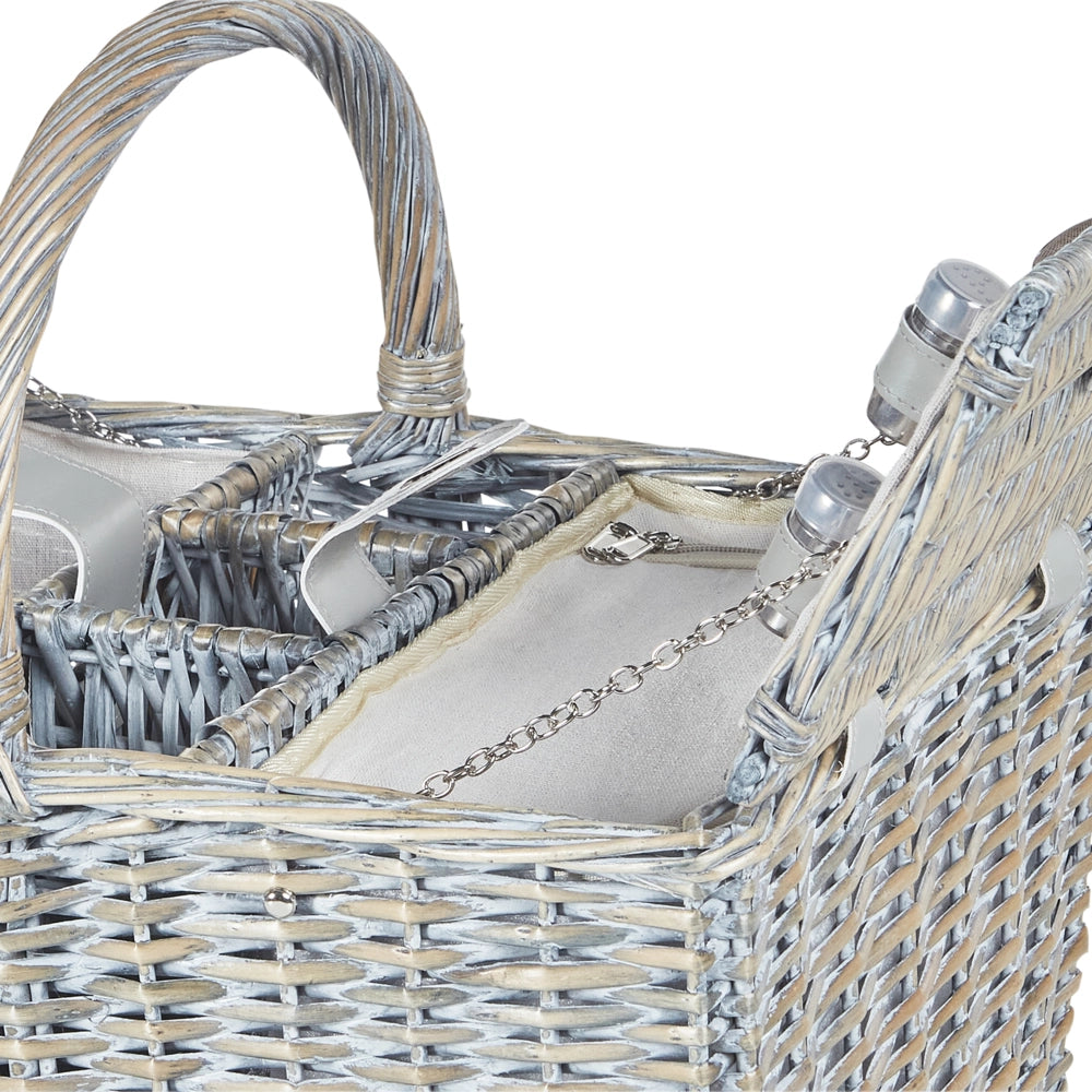 Cesto da picnic in vimini grigio per 4 persone fatto a mano con borsa termica semplice ed elegante