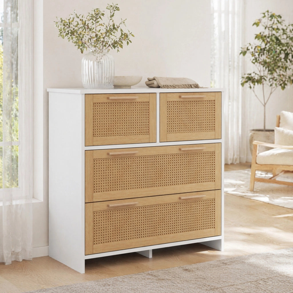 Comò in rattan con 4 cassetti e finitura naturale