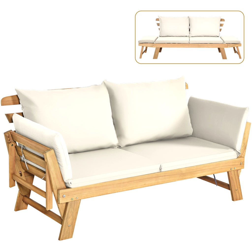 Divano letto convertibile in legno d'acacia con braccioli regolabili cuscini, Chaise longue da esterno Beige