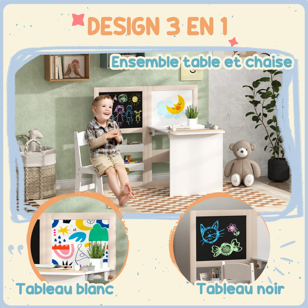 Tavolo da gioco per bambini con sedia e cavalletto pieghevole ¨C zephmum ¨C bianco
