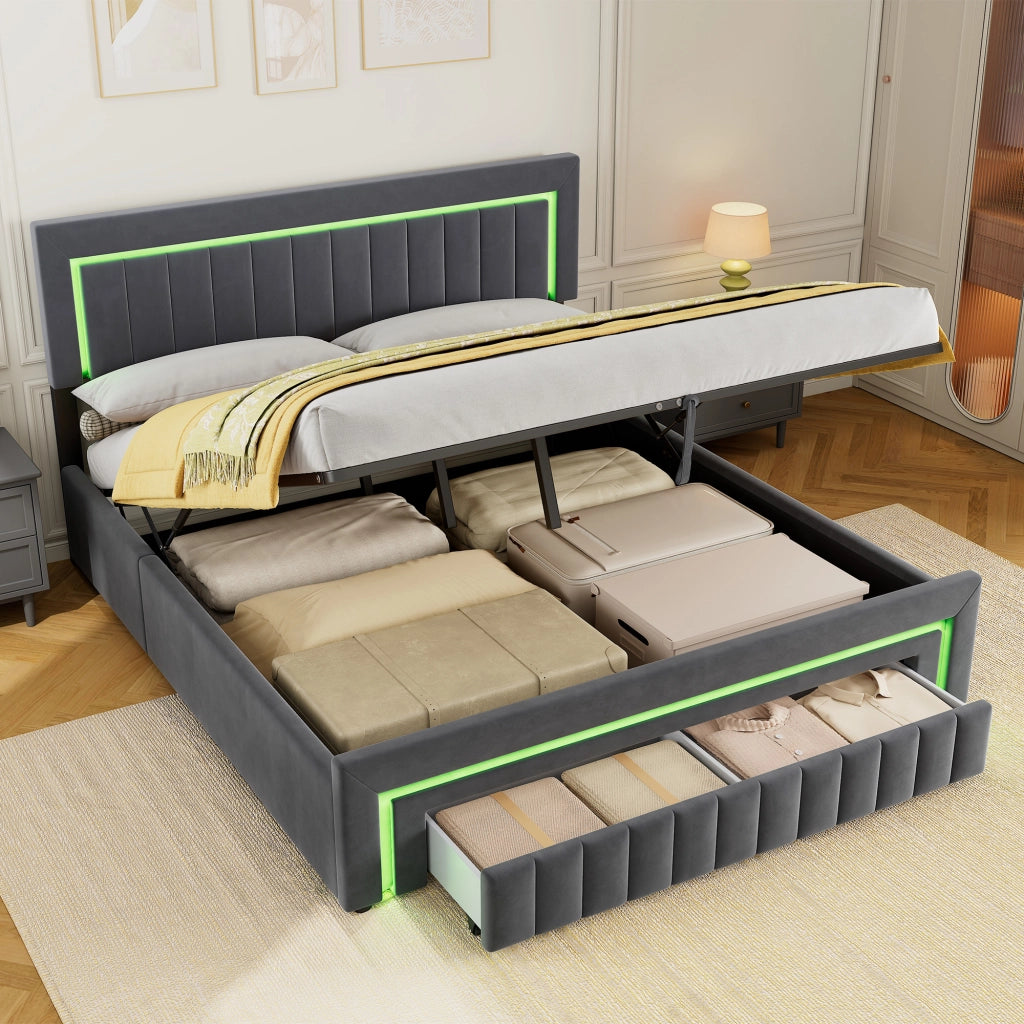 LETTO Imbottito 180x200 cm in Velluto Grigio Scuro con LED e Cassetti