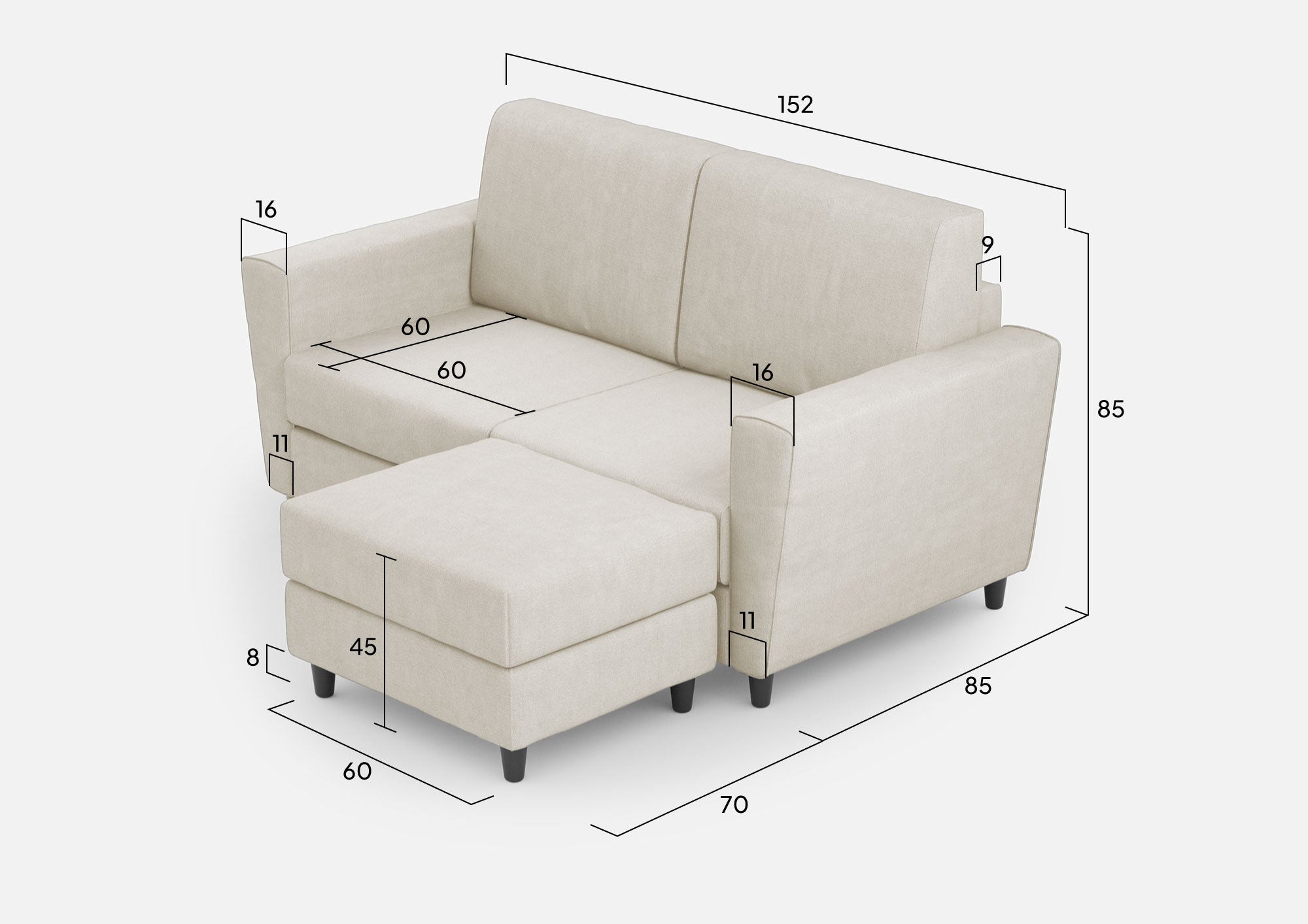 Divano 2 Posti con Pouf 172x145x85 cm Yasel in Tessuto Latte