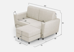 Divano 2 Posti con Pouf 172x145x85 cm Yasel in Tessuto Latte