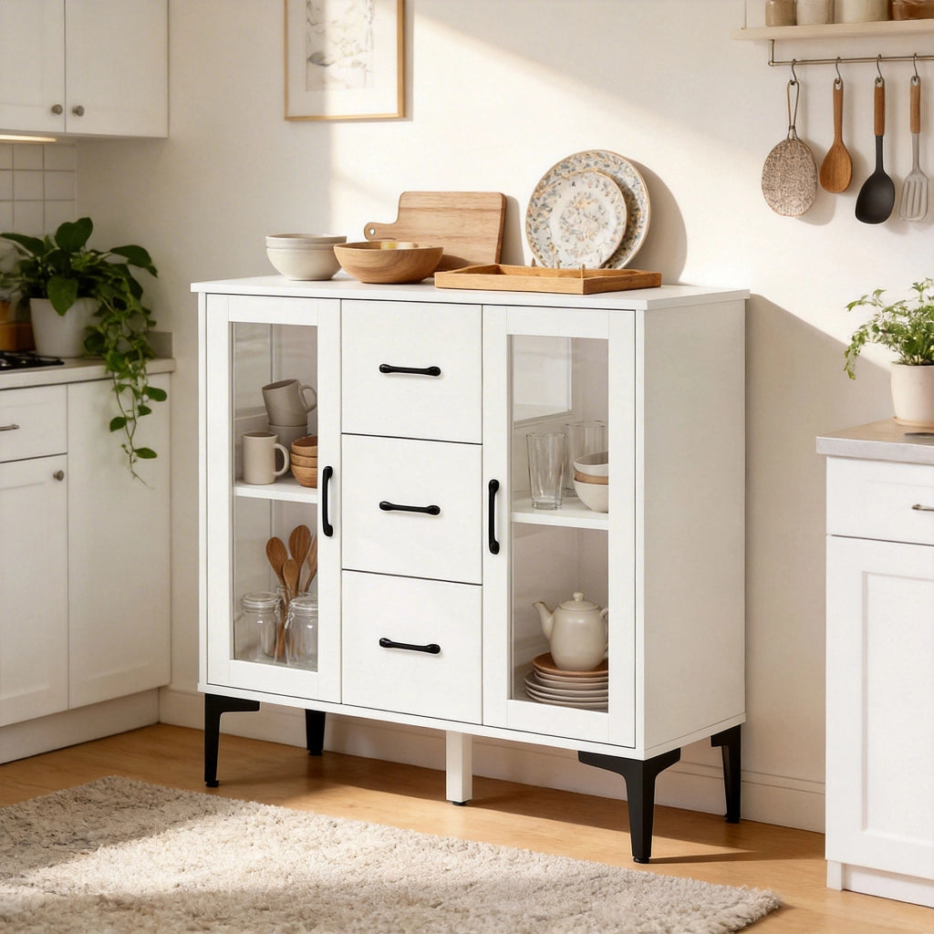 Cassettiera Moderna con Ante Vetro e 3 Cassetti ¨C Zephmum ¨C Bianco in MDF 80x40x100