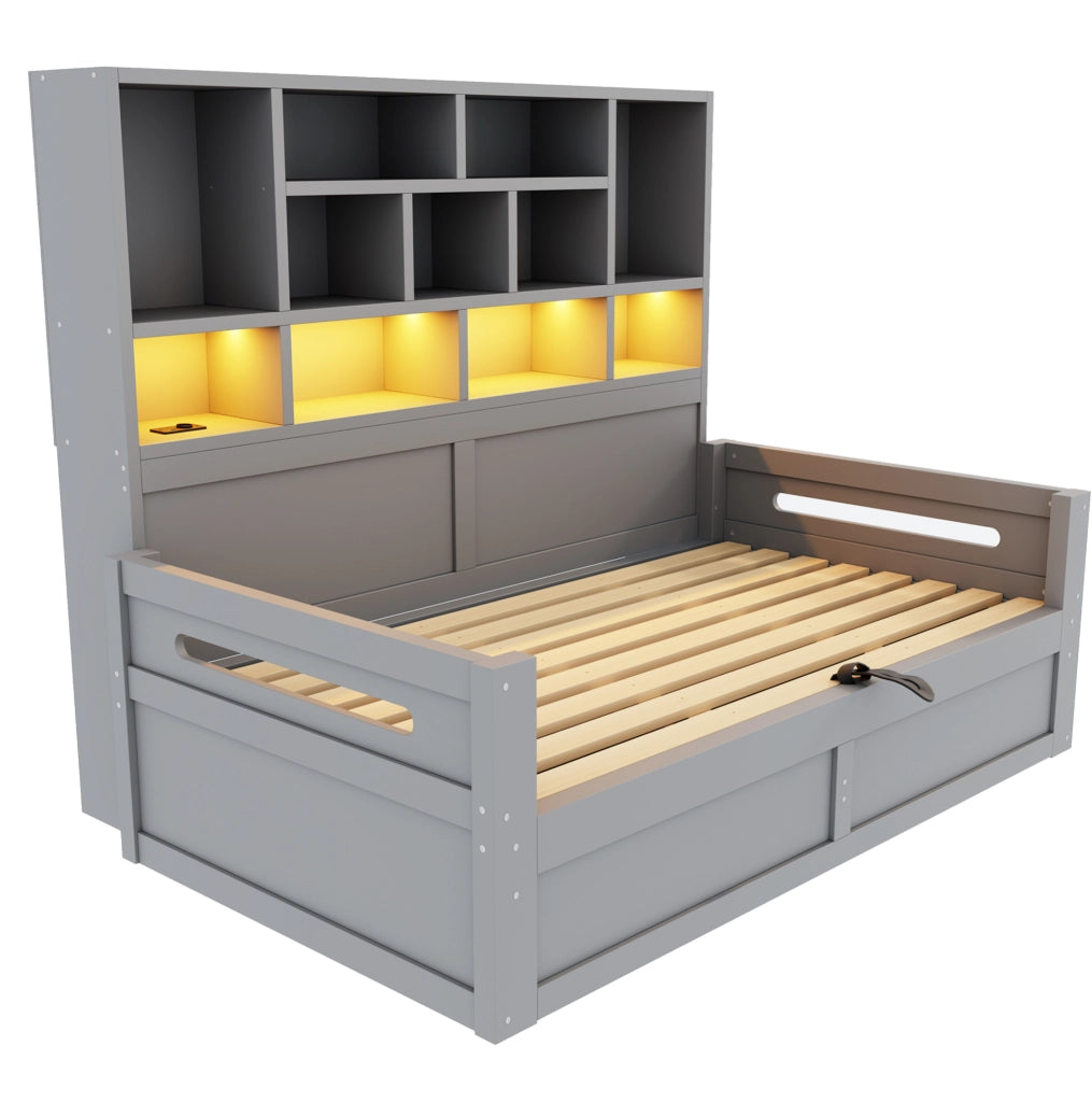 Multifunktionsbett 90x200 cm con contenitore idraulico; LED e prese; MDF; grigio