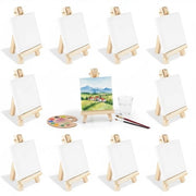 Set di pittura creativa per bambini, 12 mini cavalletti in legno naturale, 7 x 12,5 cm, pieghevoli, con 8 x 8 cm tela, set di pittura manuale per esposizione d'arte e DIY