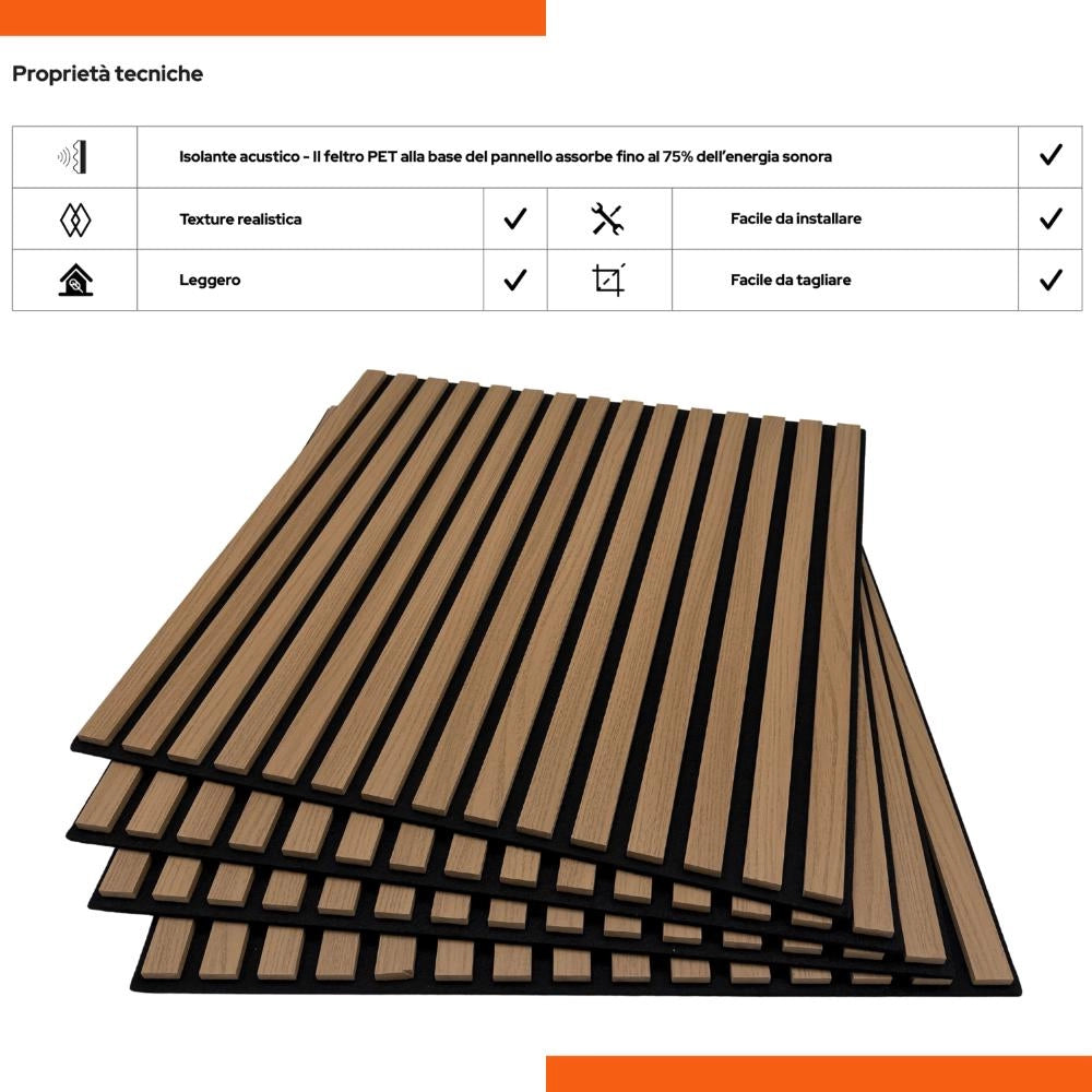 Pannello Fonoassorbente Doghe in MDF Rivestimento colore Teak 60x60 conf. 4 Pz