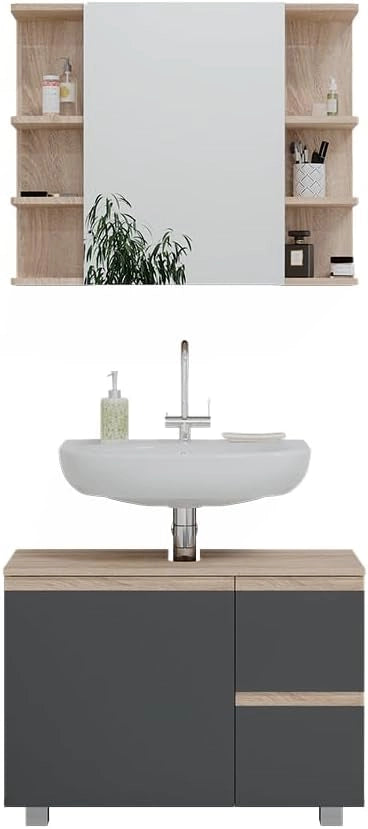Set mobili bagno J-Shape, Sonoma, 80 cm, composto da specchio da bagno e mobile sottolavabo